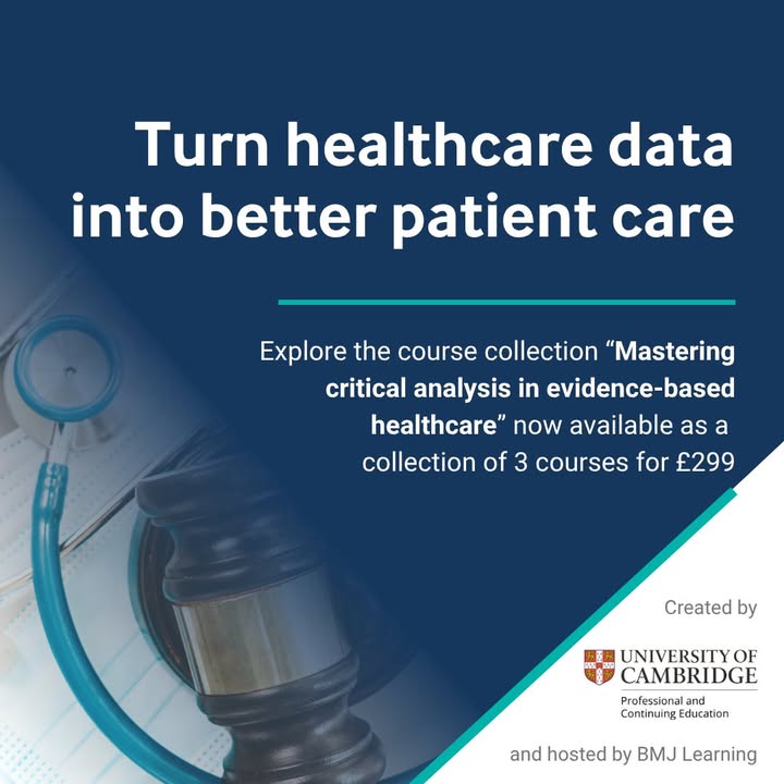 BMJLearning's tweet photo. We have partnered with @Cambridge_PACE to bring you a new exciting collection of courses🖥️ 

This new collection is intended for all those who wish to enrich their understanding of the use of electronic health records in the process of decision-making🧠 ✅ 

Our objective is to empower you to be an effective contributor within a health data science ecosystem designed to enhance patient care, and refine strategies for delivering high-quality healthcare🚑 

Find out more about our 'Mastering critical analysis in evidence-based healthcare' course collection ⬇️
https://t.co/6aAJxAPUcK

#healthdata #datascience #healthcare #healthdatascience
