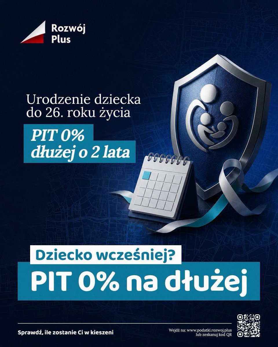 RozwojPlus's tweet photo. 👨‍👩‍👧 Dziecko wcześniej? PIT 0% na dłużej.

Proponujemy prostą zasadę: urodzenie dziecka do 26. roku życia oznacza wydłużenie PIT 0% o kolejne 2 lata.

Państwo powinno realnie wspierać młodych, którzy decydują się na założenie rodziny. 🇵🇱 
#RozwojPlus https://t.co/sT6UnvKfTQ
