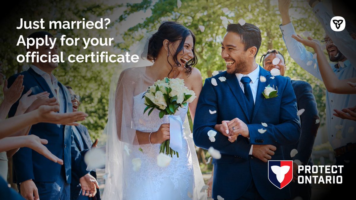 ServiceOntario's tweet photo. 💍 Wedding season is in full swing!

After the vows, photos and celebrations, remember to apply for your Ontario marriage certificate. It’s official proof of marriage and you’ll need it to update ID, access benefits and more. 

Get yours online: https://t.co/0QmcqpjqDY https://t.co/9OXNkUdZqG