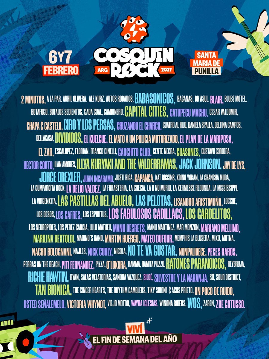 porquetendencia's tweet photo. "Cosquin Rock":
Porque se conoció la grilla para su edición 2027 https://t.co/ApNlFxhwfd