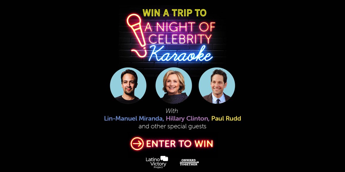 HillaryClinton's tweet photo. I promise that you don't want to hear me sing at this karaoke night. 

But some friends will—including @Lin_Manuel, Paul Rudd, and special guests. 

Enter to win a spot at a night to remember and mobilize voters for the midterms at the same time:

https://t.co/4cDoz1n4yy https://t.co/LzLxMo8Kce