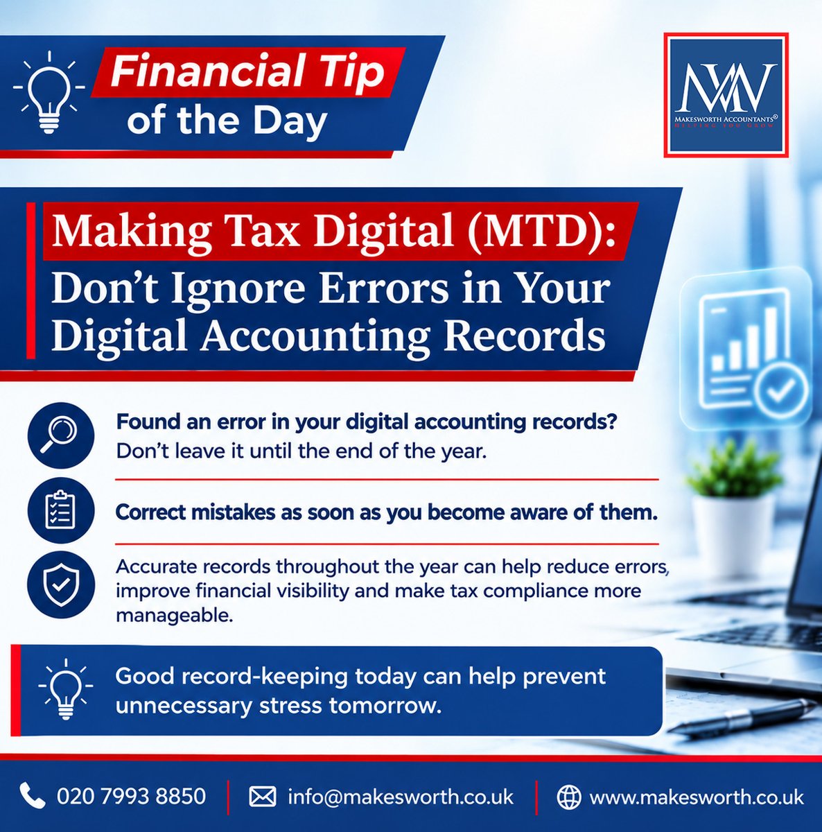 SanjaysahFCCA's tweet photo. 💡 Financial Tip | Making Tax Digital
📊 Keep digital records accurate and fix errors promptly. Regular record-keeping means fewer mistakes and smoother tax compliance. ✅
#MakingTaxDigital #MTD #TaxTips https://t.co/AMLIUm7hu4