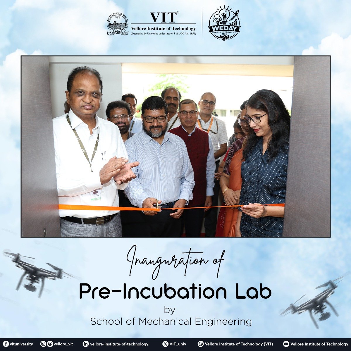 VIT_univ's tweet photo. As part of the World Entrepreneurship Day (WEDAY'26) celebrations, the Pre-Incubation Lab of the School of Mechanical Engineering (SMEC) was officially inaugurated today.
#WEDAY26 #SMECLab #SchoolOfMechanicalEngineering #PreIncubation #VITVellore #VITIST #WorldEntrepreneurshipDay https://t.co/FMElVxancA