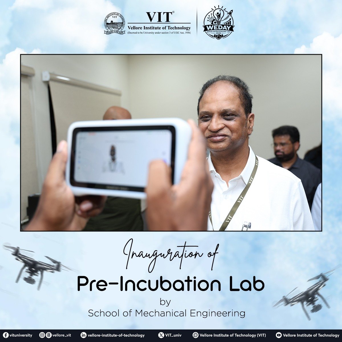 VIT_univ's tweet photo. As part of the World Entrepreneurship Day (WEDAY'26) celebrations, the Pre-Incubation Lab of the School of Mechanical Engineering (SMEC) was officially inaugurated today.
#WEDAY26 #SMECLab #SchoolOfMechanicalEngineering #PreIncubation #VITVellore #VITIST #WorldEntrepreneurshipDay https://t.co/FMElVxancA