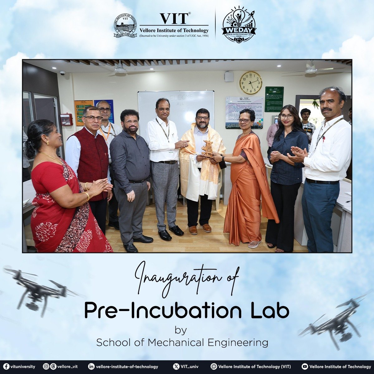 VIT_univ's tweet photo. As part of the World Entrepreneurship Day (WEDAY'26) celebrations, the Pre-Incubation Lab of the School of Mechanical Engineering (SMEC) was officially inaugurated today.
#WEDAY26 #SMECLab #SchoolOfMechanicalEngineering #PreIncubation #VITVellore #VITIST #WorldEntrepreneurshipDay https://t.co/FMElVxancA
