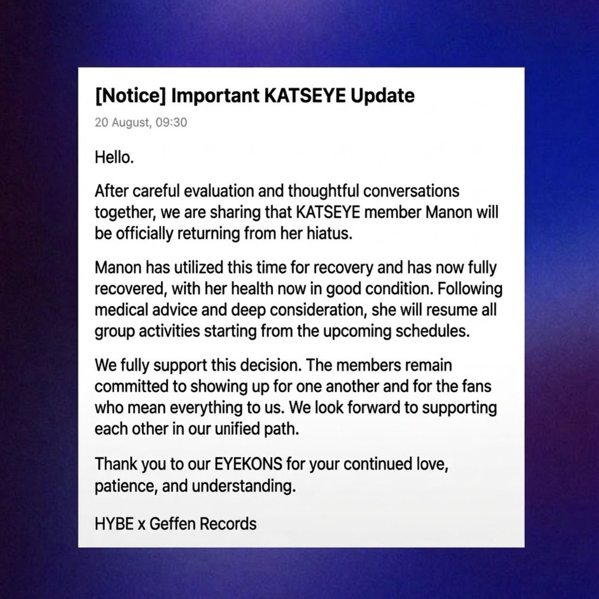 Veliequill's tweet photo. 🚨Manon from KATSEYE is officially back from hiatus and returning to group activities soon https://t.co/OcRYp84WRK