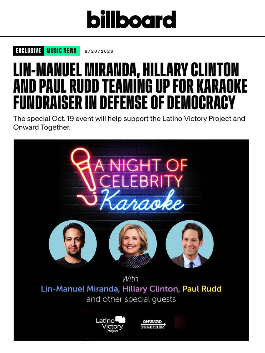 Vegalteno's tweet photo. RAISE YOUR VOICE! 🗣️🎤🎶

Enter to win a trip to New York City for Celebrity Karaoke Night with @Lin_Manuel , @HillaryClinton , Paul Rudd and other special guests - while supporting the work of @latinovictoryus & Onward Together!

Tickets also available for purchase. Details: https://t.co/ztGuyMngy6