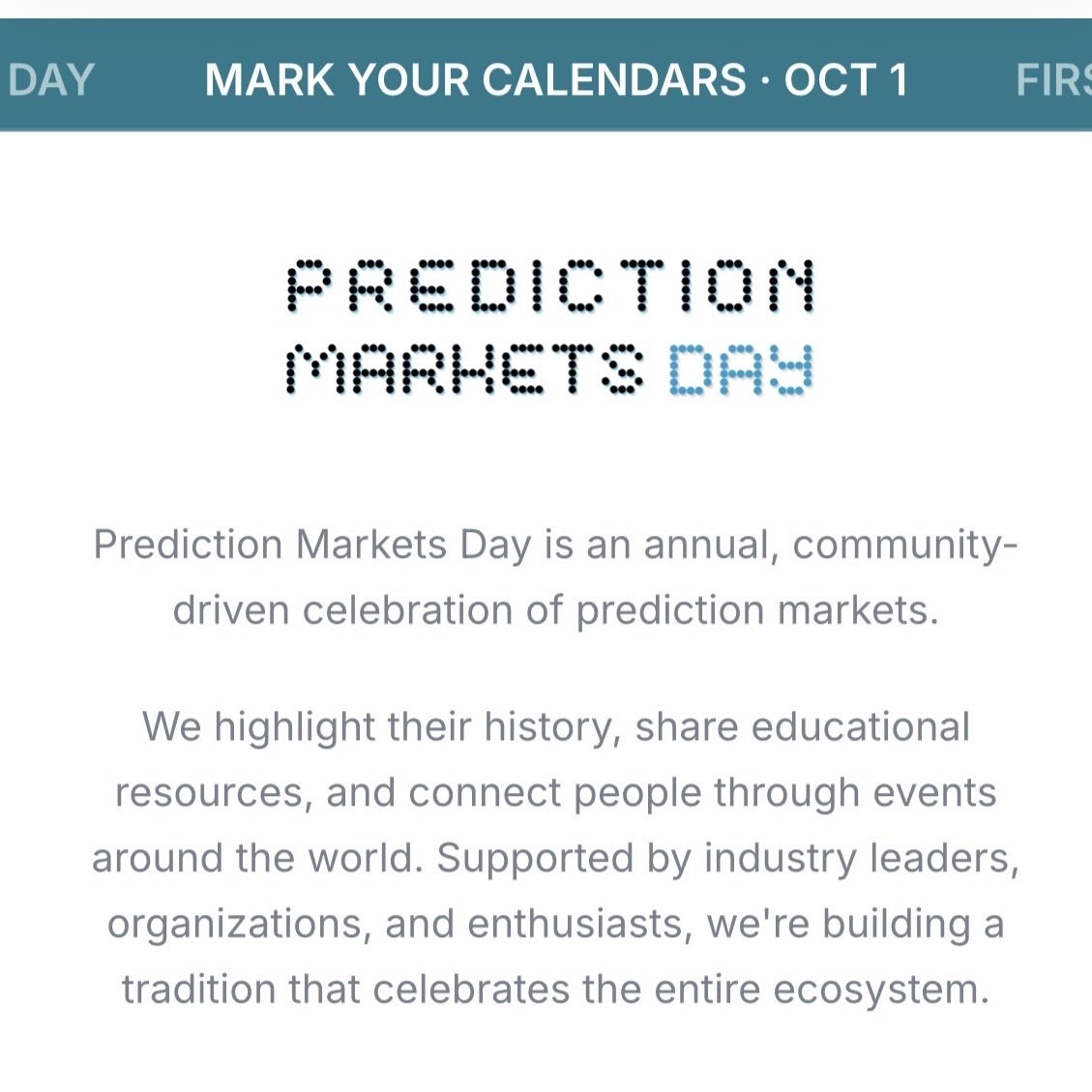 PredMktDay's tweet photo. Introducing Prediction Markets Day:

Held annually on the first Thursday in October, this year, that’s October 1.

Only 42 days to go!!! 

https://t.co/afhqS2RdLN https://t.co/n0HRkH8nfz