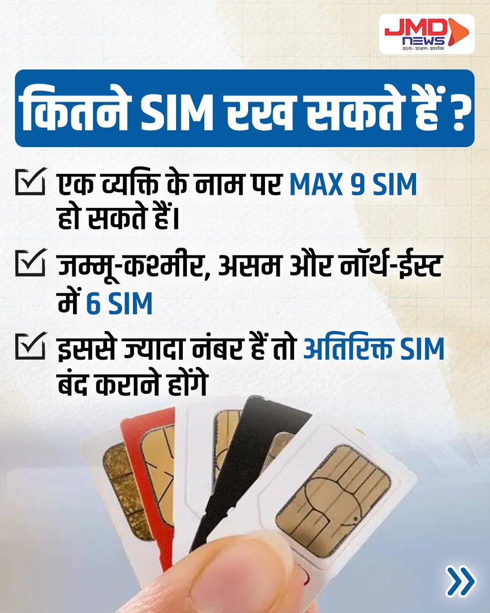 jmdnewsflash's tweet photo. SIM Card को लेकर बड़ा नियम! 9 से ज्यादा SIM रखे तो होगी कार्रवाई, 23 अगस्त से नया सिस्टम
#SIMCard #SIMRules #SIMCardRules #MobileUsers #DoT #TelecomRules #NewRules #MobileConnection
1/5 https://t.co/vCMGfZMohu