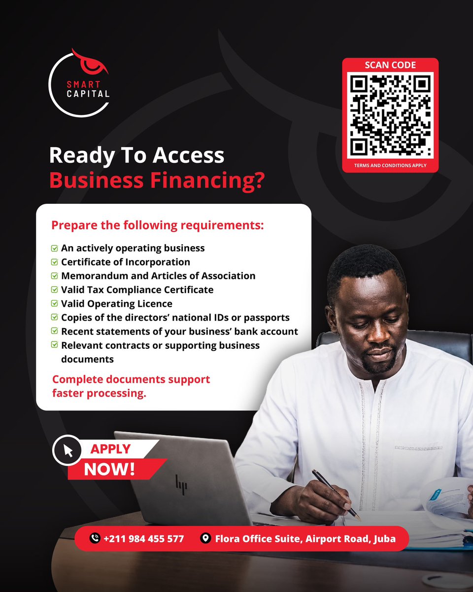 SmartCapitalSSD's tweet photo. Is your business ready for its next growth opportunity?

Before applying for financing from Smart Capital, ensure that your business is operational and that all the required documents are complete and up to date. https://t.co/4AwQJELXb3