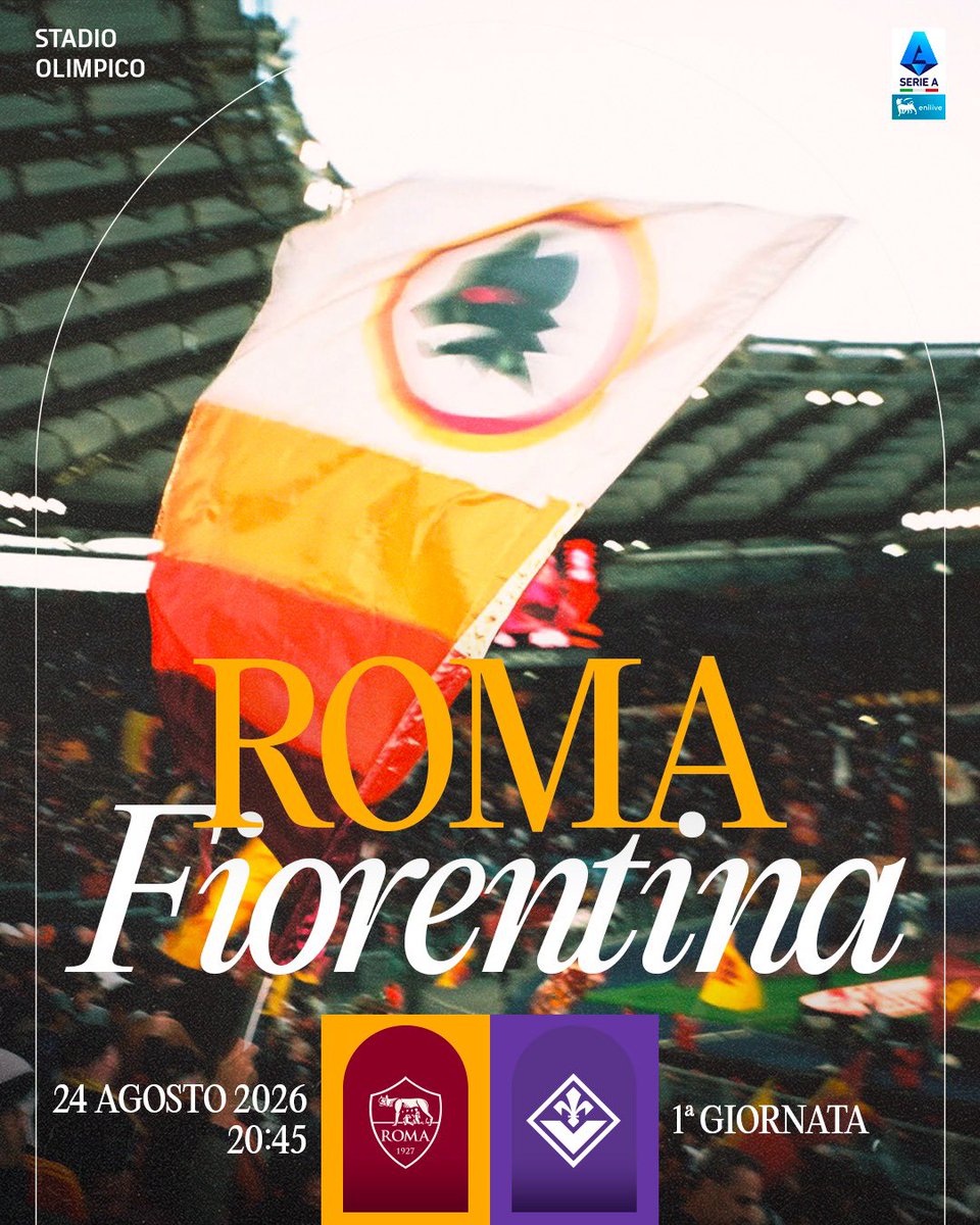 OfficialASRoma's tweet photo. 🏟️ Per Roma-Fiorentina è ora in vendita per i romanisti anche il settore Distinti Nord-Ovest!

🐺 Tingiamo di giallorosso l’Olimpico per la prima sfida della Serie A 2026-27 🟡🔴

Acquista ora!
🎟️ https://t.co/a6JdG4p1Hl

#ASRoma https://t.co/Wi9J2aOd4K