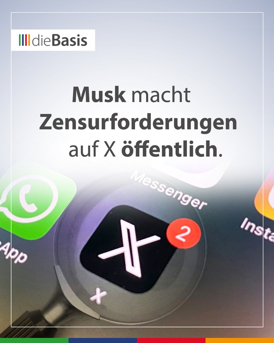 diebasispartei's tweet photo. 👀 Wenn der Staat löschen lässt, sollte man auch sehen, wer dahintersteht.

Elon Musk kündigt für X mehr Transparenz bei staatlichen Eingriffen an: Verlangen Regierungen oder Behörden die Löschung oder Einschränkung von Beiträgen oder Konten, soll künftig nachvollziehbarer werden, wer die Maßnahme verlangt und auf welcher Rechtsgrundlage sie beruht.

Eine bemerkenswert einfache Idee, denn selbstverständlich gibt es Inhalte, deren Verbreitung gesetzliche Grenzen hat. Aber wenn der Staat in die öffentliche Kommunikation eingreift, muss dieser Eingriff transparent, nachvollziehbar und überprüfbar sein.

Nicht nur die Plattform sollte erklären müssen, warum ein Beitrag verschwindet. Auch staatliche Stellen sollten Verantwortung für ihre Entscheidungen übernehmen.

🟩🟩🟦🟦🟥🟥🟧🟧

dieBasis meint: Meinungsfreiheit braucht keine unsichtbaren Eingriffe. Sie braucht klare Regeln und größtmögliche Transparenz.

👉 Was meinst du: Sollte bei staatlich veranlassten Löschungen immer sichtbar sein, wer sie verlangt hat und warum?

🔗 Quelle: https://t.co/lJ4eH1k62A

#dieBasis #Meinungsfreiheit #Transparenz #Zensur #X #Grundrechte #elonmusk
