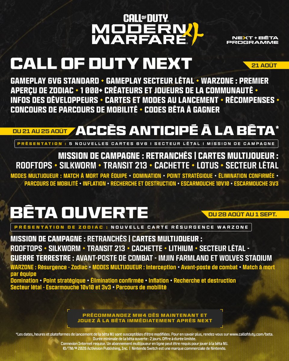 PlayStationFR's tweet photo. Multijoueur. Campagne. Call of Duty: Warzone. Le tout dans une seule bêta !

Soyez parmi les premiers à y jouer sur PS5 : précommandez Modern Warfare 4 pour bénéficier de l’accès anticipé à la bêta le 21 août à 20h00 : https://t.co/jMeMSXTmDU https://t.co/0Om9A6BNn0