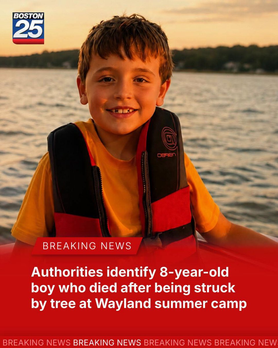 boston25's tweet photo. BREAKING:  Authorities have identified the 8-year-old boy who died after being struck a tree at a summer camp in Wayland. https://t.co/rKQvjoWV42