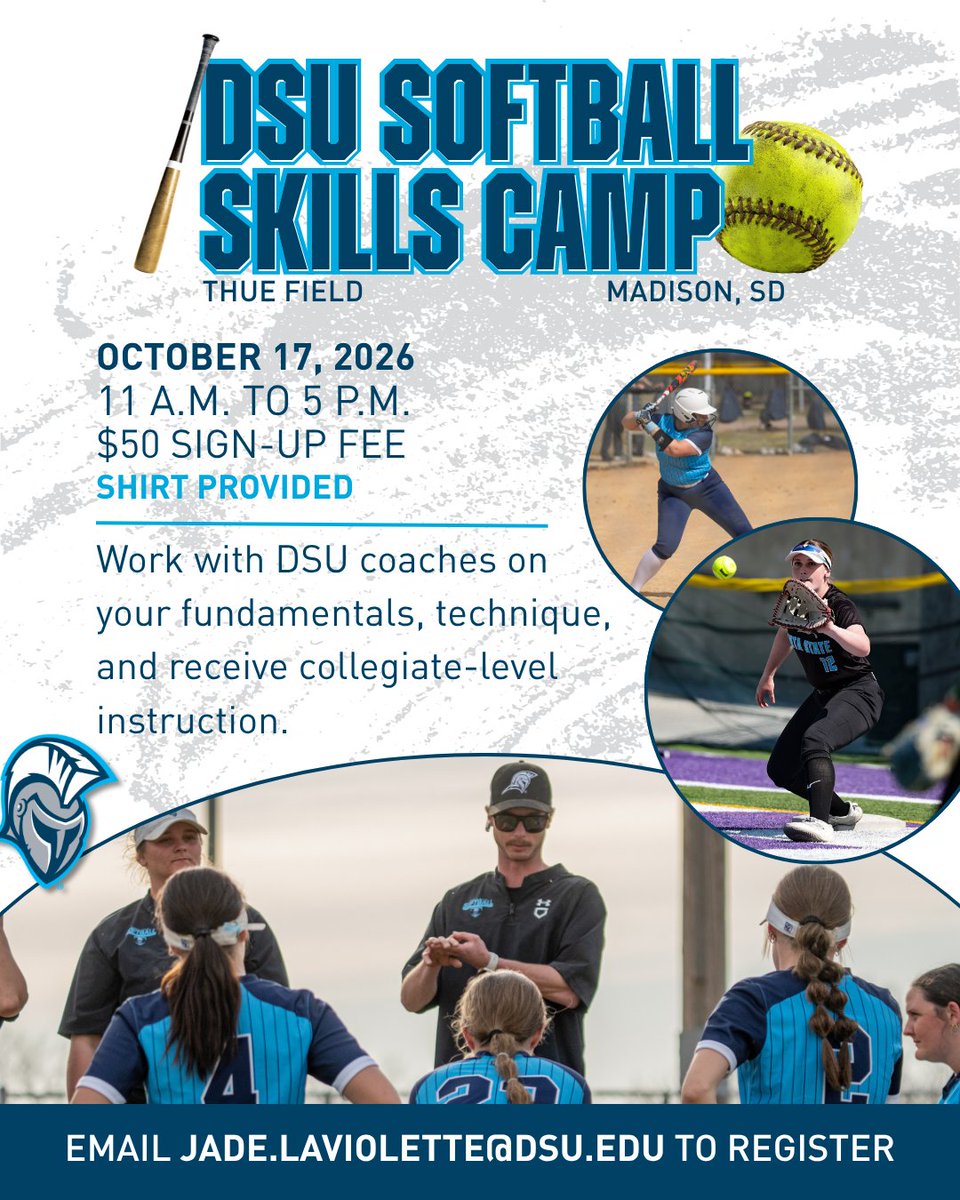 DSUSoftball's tweet photo. Ready to sharpen your game? βοΈ
Join us for Skills Camp on Oct 17 at Thue Field!
π
Oct 17, 2026
β° 11 am to 5 pm
π² $50, t-shirt included
Email jade.laviolette@dsu to register!
#DSUSoftball #GoTrojans https://t.co/0J1dPKgTgB