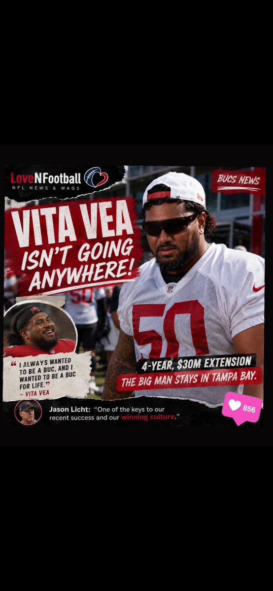 LoveNFootballUS's tweet photo. Waitt… so after ALL that trade talk, Vita Vea basically said “I never wanted to leave”☕️
“I always wanted to be a Buc… I wanted to be a Buc for life.”
And just like that: 4 years, $30M.
Soo was the trade drama just contract negotiation tea the whole time?
#VitaVea #GoBucs #NFL https://t.co/Uuzw6NDu4B