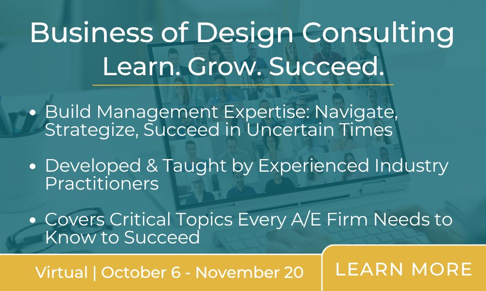 ACEC_National's tweet photo. Presented in a virtual format, the Business of Design Consulting is a seven week program developed to build management expertise and leadership to help your firm thrive. Taught by experienced industry practitioners, the agenda covers the critical topics every A/E firm needs to know to succeed despite an ever-changing business environment.

➡️ Starts October 6
➡️ Learn More & Register Now: https://t.co/QpTdQPnT4u