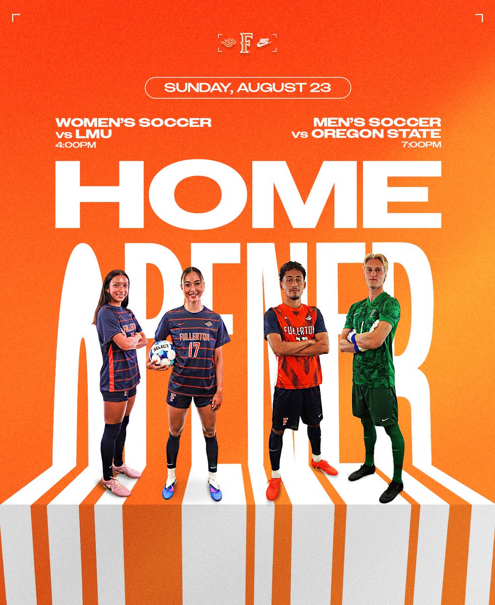 FullertonTitans's tweet photo. ORANGE YOU GLAD WE’RE BACK?!

Join us Sunday, August 23 for a doubleheader at Titan Stadium as we kick off the 2026 home slate!

Women’s Soccer vs LMU at 4 PM
Men’s Soccer vs Oregon State at 7 PM

Bring the energy. Wear orange.

#TusksUp https://t.co/4aZbwnRiWl