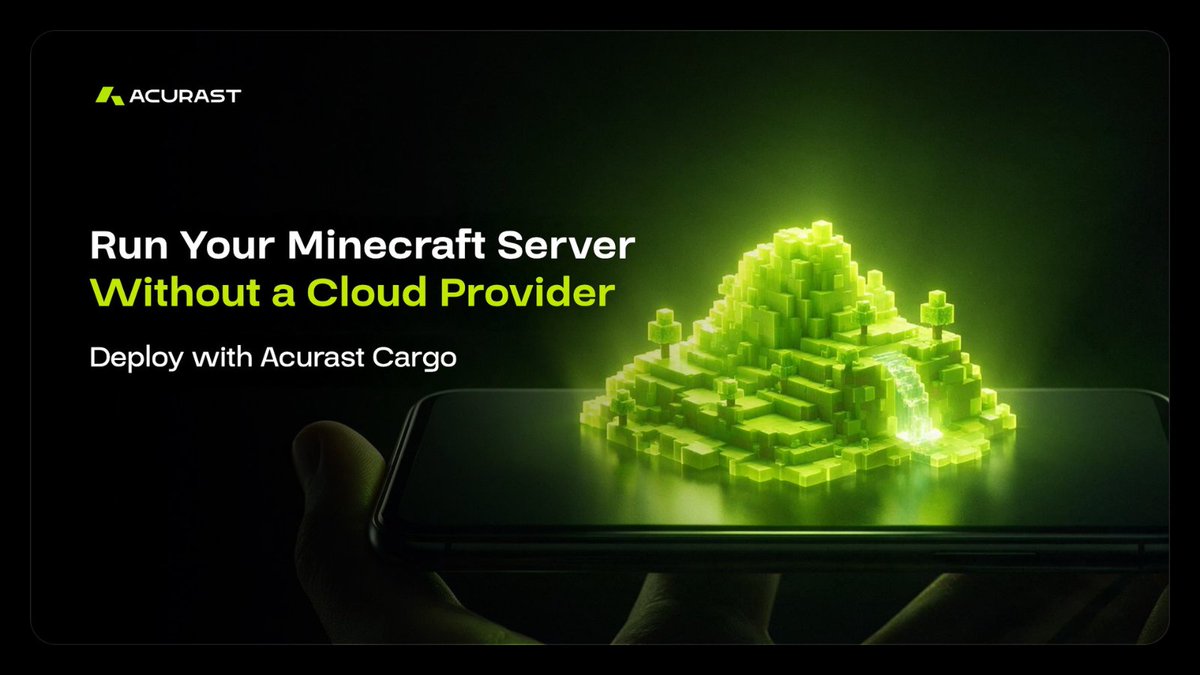 Acurast's tweet photo. A Minecraft server has many of the same requirements as other applications. 

It needs:
-a runtime
-network connectivity
-persistent execution
-enough computing resources to serve users

You don’t need a traditional cloud provider for this. Easily run it on an Acurast Processor by using Cargo. 

Learn how: https://t.co/wNFgh7i5Ot