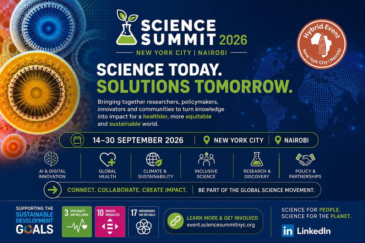 ScienceUnga's tweet photo. 🌍 Science doesn’t change the world from the sidelines.

This September, we brings together everyone  from across the globe to connect science with the challenges shaping our shared future.

📍 New York City + Nairobi
📅 September 2026

 #ScienceSummit #SDGs #Innovation https://t.co/eoIcscx56t