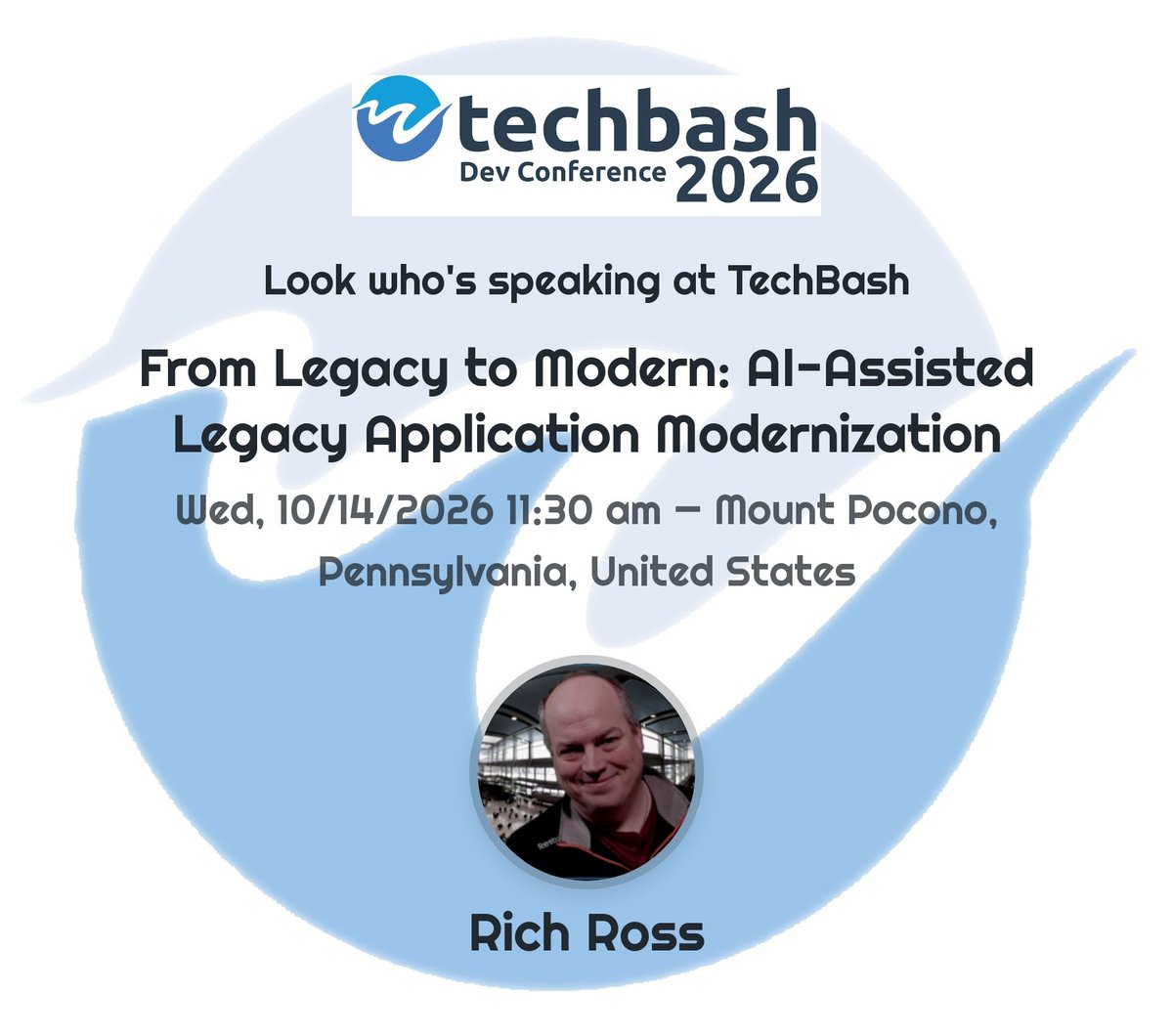 techbash's tweet photo. Learn to leverage #ai for app #modernization with Rich Ross at #techbash 2026.
View the schedule & register now: https://t.co/EPEL1bWoeg
#softwaredev #agents #appdev #legacyapps #devconf #poconos #kalahari https://t.co/j0X68jGZzF