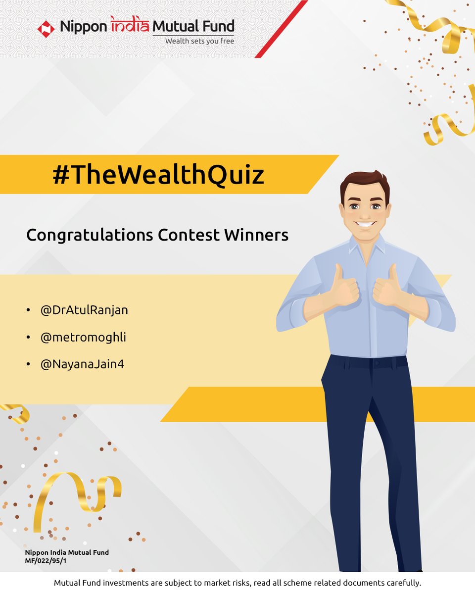 NipponIndiaMF's tweet photo. Congratulations to the winners!

You have won yourself an attractive Gift voucher by leveraging your financial knowledge.

Kindly mail us your details at contestwinner@nipponindiaim.in

#NipponIndiaMutualFund #Investments #MutualFunds #Contest #Winner https://t.co/1NYNwM5DnX