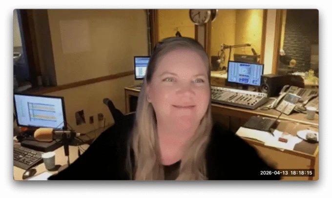 Jess Berg, Chair of the AES Pacific Northwest Section, appears on screen from a recording studio during the Section’s April 2026 Zoom meeting featuring Larry Crane.