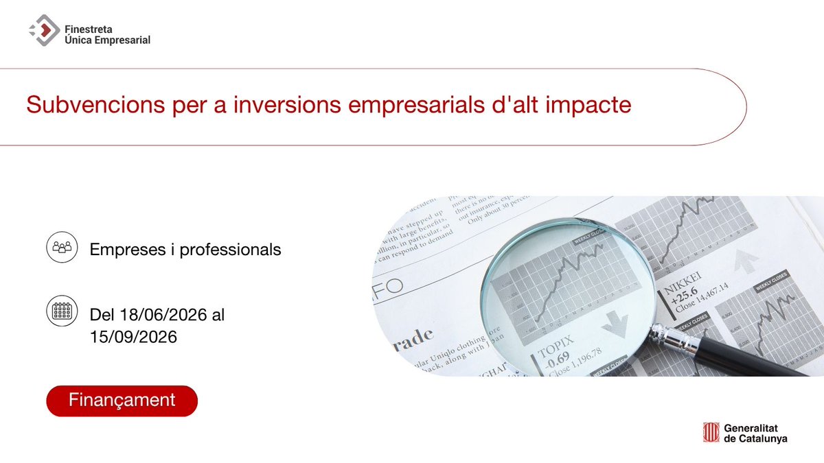 FUEmpresacat's tweet photo. 📲 Subvencions per a inversions empresarials d'alt impacte

📅 Termini fins al 15 de setembre.
🔗https://t.co/D7vU5X4w8x
#FinançamentFUE https://t.co/nxUxuzzsM7