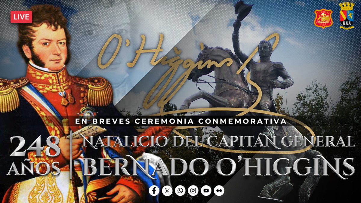 Ejercito_Chile's tweet photo. #ChillánViejo: La ceremonia de conmemoración del Natalicio del Capitán General Bernardo O´Higgins Riquelme está a punto de comenzar. Conéctate a nuestra transmisión en vivo y acompáñanos a honrar la memoria y legado del Padre de la Patria. #NatalicioOHiggins #PadreDeLaPatria

📲 https://t.co/TkhleFHnuQ