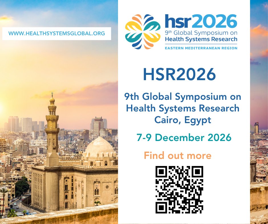 H_S_Global's tweet photo. Will you be joining the global health systems community at #HSR2026?

Taking place in Cairo, Egypt, from 7-9 December 2026, the 9th Global Symposium on Health Systems Research will bring together researchers, policymakers, practitioners, and advocates from across the globe to share knowledge, ideas, and solutions.

Early Bird registration closes 7 Sept 26 at 23:59 GMT+1:   

#HealthSystemsGlobal #HealthSystemsStrengthening