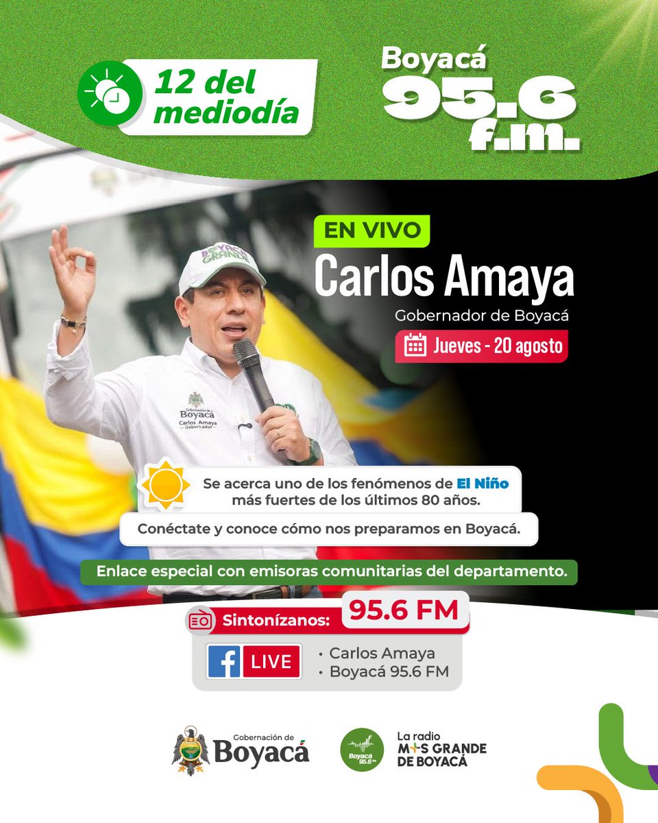 GobBoyaca's tweet photo. El gobernador @CarlosAmayaR estará en los micrófonos de Boyacá es Noticia para contarles a las y los boyacenses cómo desde el Gobierno departamental nos estamos preparando para afrontar el fenómeno de El Niño 🎙️📻.

🕛 12:00 p. m.

Sintoniza: https://t.co/idWKuhVpF9 📻. https://t.co/fW0ZBl6y5Z