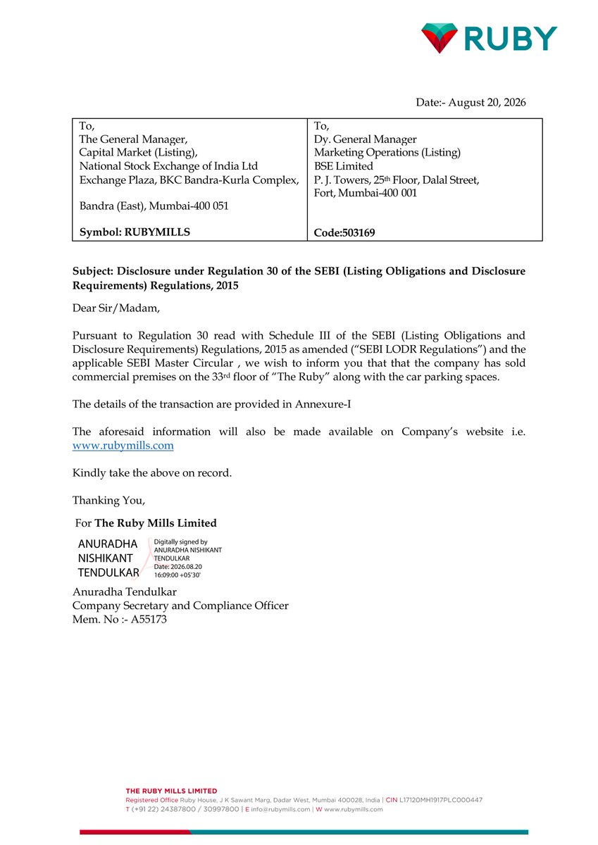 stocknewslatest's tweet photo. #RUBYMILLS The Ruby Mills Limited sold commercial premises on the 33rd floor of “The Ruby” with parking for Rs. 124.08 Cr to Torrent Pharmaceuticals Limited. The agreement was finalized on August 19, 2026. This transaction is not a related party transaction. https://t.co/X4owXI9DkR
