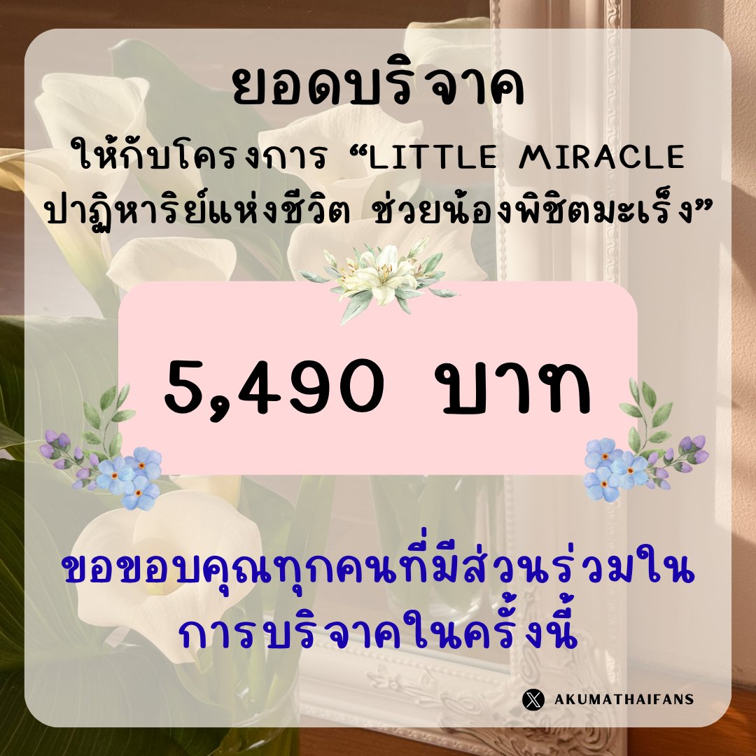 AkumaThaiFans's tweet photo. ทางทีมงานได้ดำเนินการตรวจสอบยอดเงินบริจาคเป็นที่เรียบร้อยแล้ว 

- ยอดบริจาครวมทั้งสิ้น 5,490 บาท -

เงินบริจาคทั้งหมดนี้ทางทีมงานจะบริจาคให้กับโครงการ "Little Miracle ปาฏิหาริย์แห่งชีวิต ช่วยน้องพิชิตมะเร็ง" ของมูลนิธิโรงพยาบาลเด็ก ในนามของว็อกซ์ อาคุมะ และครอบครัวเป็นลำดับต่อไป

ขอขอบคุณทุกท่านที่เป็นส่วนหนึ่งในการบริจาคในครั้งนี้ด้วยค่ะ 🙏🏻❤️