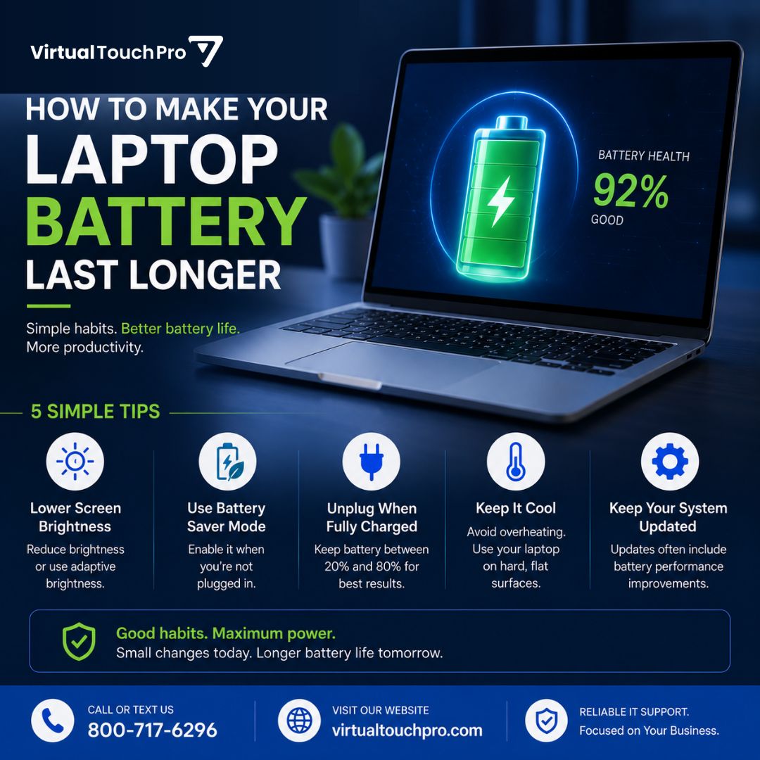 VirtualTouchPro's tweet photo. 🔋 How to Make Your Laptop Battery Last Longer

Try these simple habits:

💡 Lower screen brightness
🔋 Use Battery Saver
⚙️ Close unused apps
🌡️ Keep your laptop cool
🔄 Keep your system updated

Still losing charge quickly? Your battery may need a health check.

📞 800-717-6296 https://t.co/E2GAmdracH