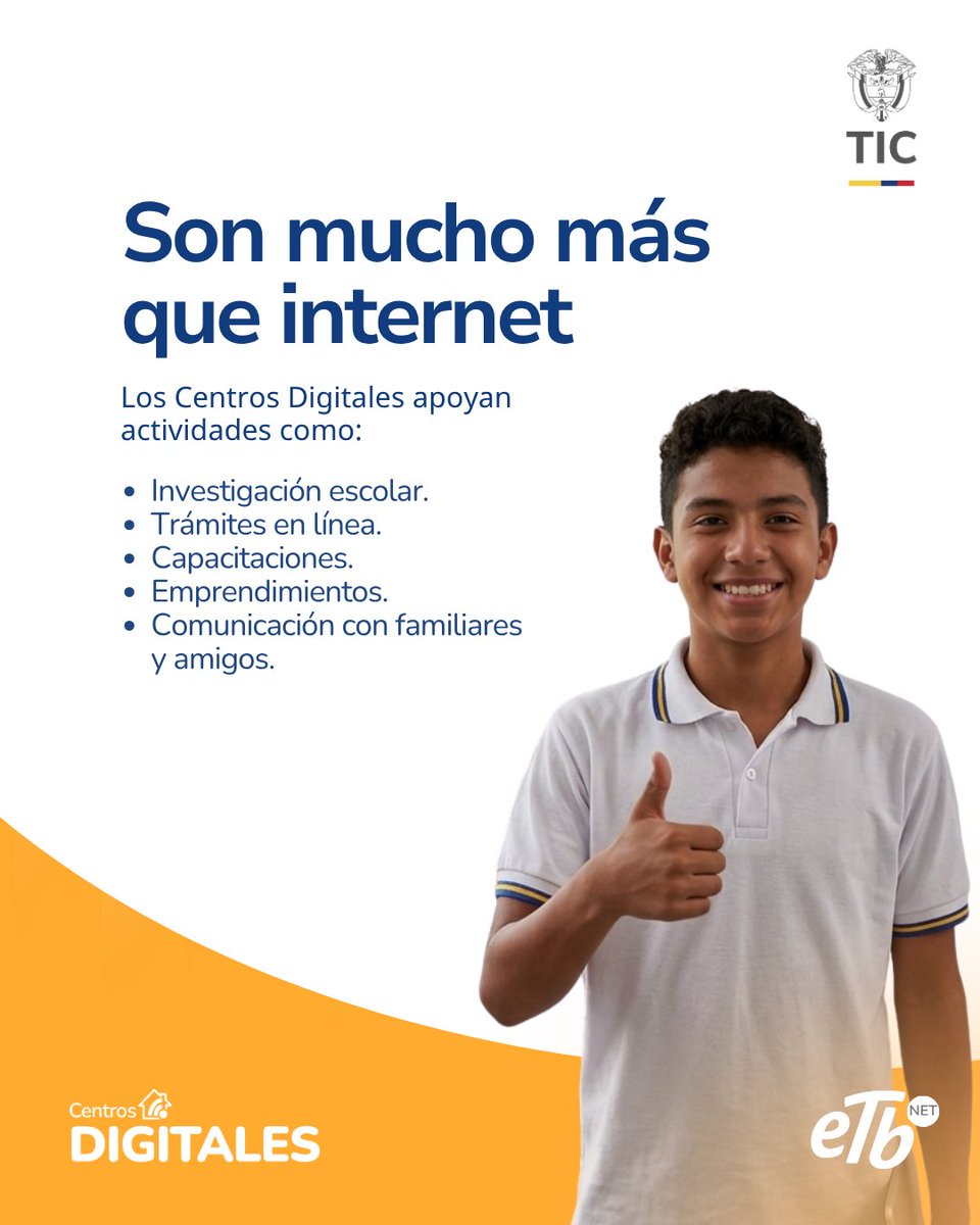 ETBNET_Colombia's tweet photo. Cada oportunidad comienza con una conexión.
Desde estudiar para un examen hasta hacer crecer un proyecto, los Centros Digitales acercan las comunidades a herramientas que impulsan el conocimiento, la innovación y el desarrollo.

Una iniciativa del Ministerio TIC operada por ETB.

*ETB miembro de la UT ETB NET Colombia conectada.