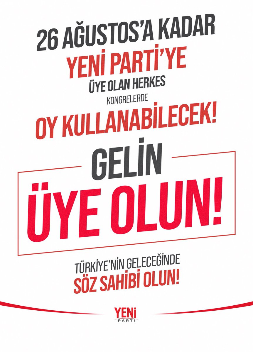 aslansaglam_'s tweet photo. Kongre takvimimiz açıklandı!

Partimize 26 Ağustos’a kadar üye olan herkes ilçe başkanını, il başkanını, genel başkanı doğrudan seçecek; yeni nesil siyaset YENİ Parti ile kurulacak.

Gelin, Türkiye’nin geleceğine yön verin!

👉 https://t.co/fIN3ZXtL6j

#Yenibaşlangıç https://t.co/jU0XP9nDE7