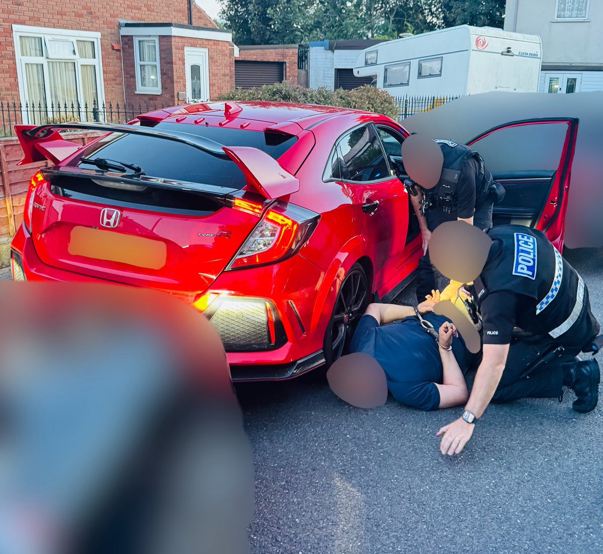 Trafficwmp's tweet photo. #RoadCrimeTeam officers saw this cloned Honda Civic Type-R in Walsall after it had been stolen from Coventry the previous night. It was boxed in to avoid a pursuit &amp; the driver was arrested after struggling with officers. https://t.co/x8yVBLfnGH