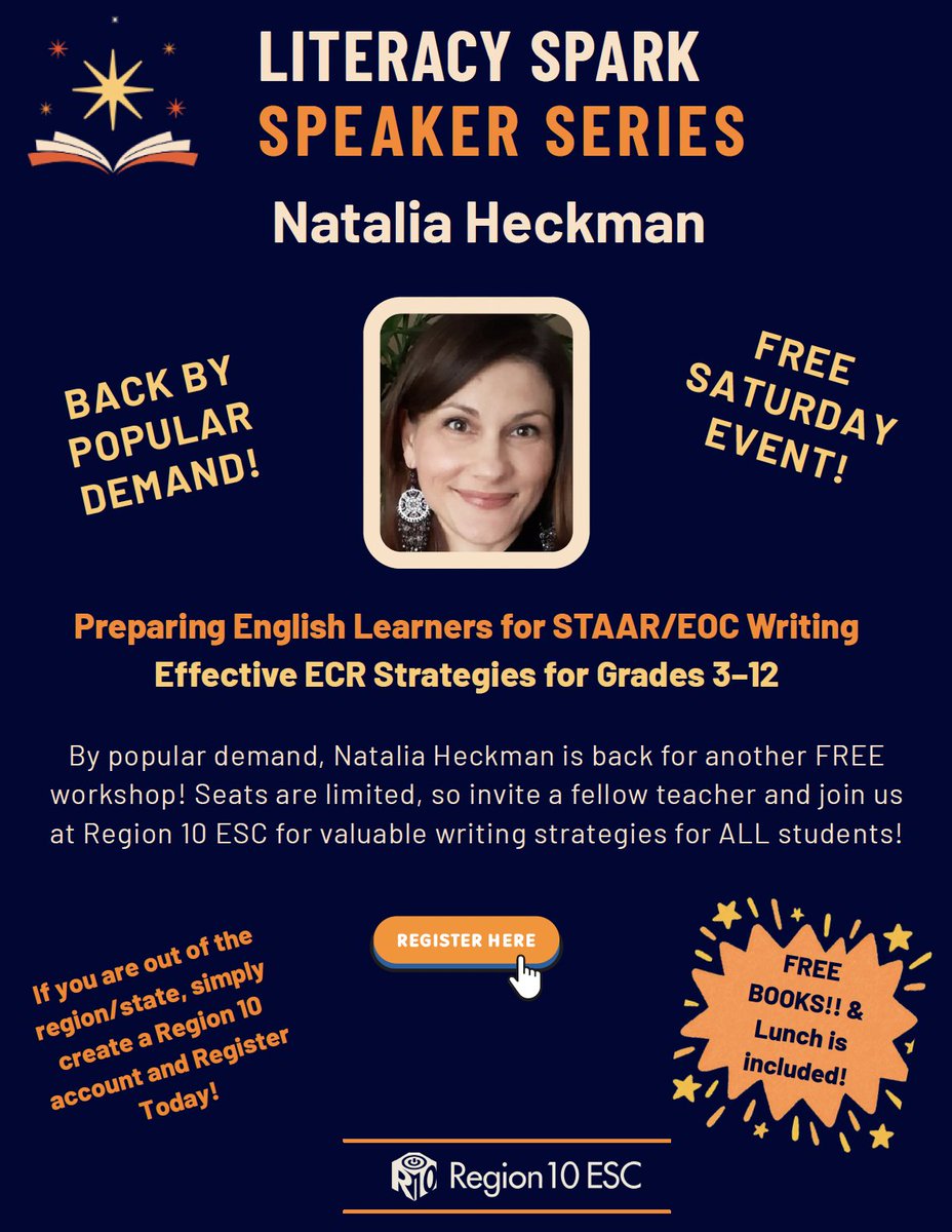 R10Multilingual's tweet photo. Supporting EB writers in Grades 3–12? ✏️

The Literacy Sparks Speaker Series continues Sept. 12 with Natalia Heckman from Seidlitz Education!

Explore practical strategies for ELA STAAR/EOC Writing, including the ECR.

🔗 https://t.co/fqlTn8Bsea https://t.co/nfGP2AmLDE