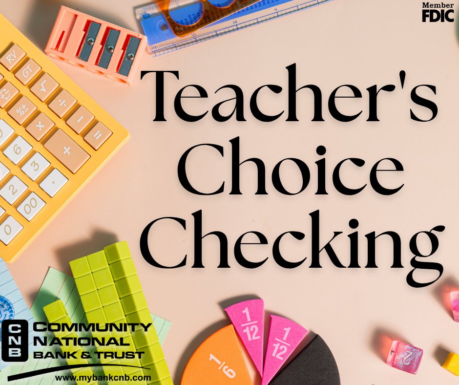 ComNatBankTrust's tweet photo. Teacher's Choice checking available exclusively to local educators! Checking made simple, so you can focus on what matters.
-No monthly service fee
-No minimum balance requirements
-Unlimited check writing https://t.co/i4yuIUPCuq
