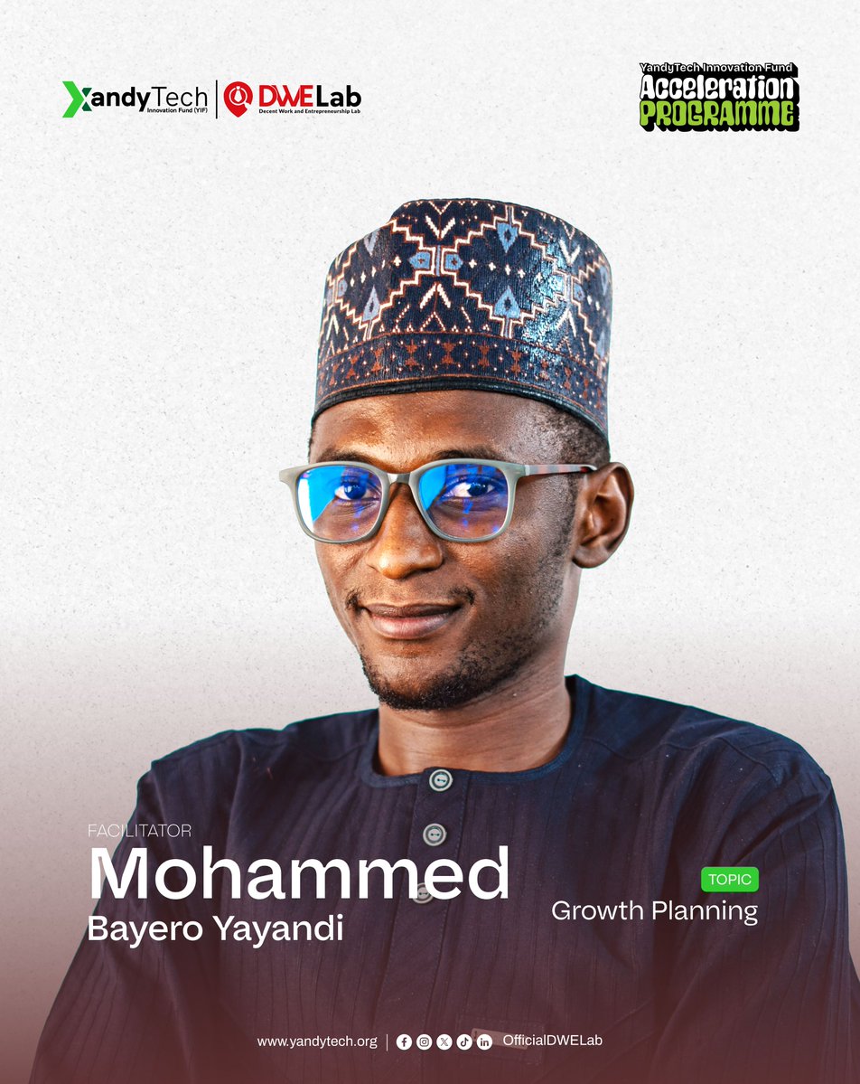 OfficialDWELab's tweet photo. YIF 2026 Facilitator Spotlight

We’re pleased to have Mohammed Bayero Yayandi facilitate our “Growth Planning” session for the YandyTech Innovation Fund (YIF) 2026.

As participants move from building their business foundations to thinking about sustainable growth, this session focuses on helping them identify realistic growth opportunities, set clear priorities, and translate their business ambitions into practical growth plans.

Mohammed is a social entrepreneur, development practitioner, and Founder & CEO of YandyTech Community, a youth-led nonprofit advancing decent work, digital inclusion, and sustainable livelihoods through technology and community-driven innovation.

Under his leadership, YandyTech Community has delivered large-scale workforce development programmes, including the Jobberman Nigeria partnership, which reached over 70,000 participants in 2025, with a strong focus on women, persons with disabilities, and internally displaced persons.

His experience building programmes and supporting young people and entrepreneurs to develop practical, sustainable solutions brought valuable perspectives to our participants as they think about the next stage of growth for their businesses.

We’re grateful to Mohammed for sharing his expertise and contributing to the growth of women-led businesses across Northern Nigeria.

Thank you for being part of the YIF 2026 learning journey, Mohammed.

#YIF2026 #yandytechcommunity #womenledbusinesses #yandytechinnovationfund #businessgrowthstrategy