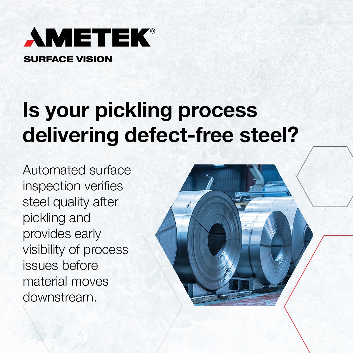 surfacevision's tweet photo. The purpose of a pickling line isn't just to remove scale. It's to deliver a clean steel surface that's ready for downstream processes.

But how do you verify the result?

✅ Has all the scale been removed?

✅Have defects from upstream processes now become visible?

✅ Or has pickling introduced new imperfections?

These aren't questions most steel producers want answered after the material has moved on to cold rolling, galvanizing, coating, or other downstream processes where additional value has already been added.

With automated surface inspection continuously monitoring the strip as it leaves the pickling line, these questions can be answered before material moves downstream.

Our solutions detect surface defects early while providing valuable feedback on pickling line performance, helping producers identify process issues such as acid concentration problems, rinse performance issues, dryer faults, and worn rolls before they impact product quality or lead to unnecessary scrap.

Message us to discuss how automated surface inspection can verify steel quality before material moves downstream.

#PicklingLine #Pickling #SteelManufacturing #SurfaceInspection