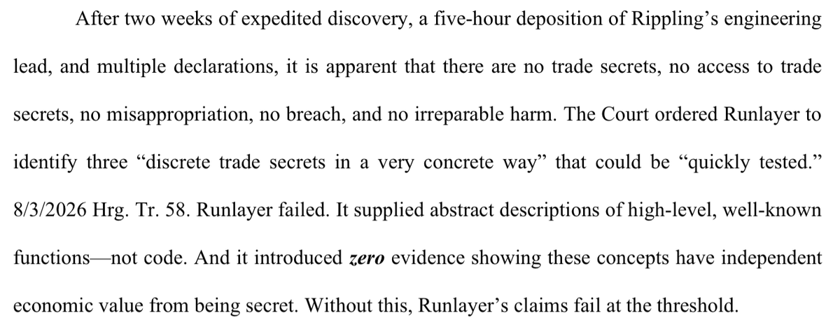 parkerconrad's tweet photo. 3 weeks ago, @runlayer sued Rippling to block our launch of a competing MCP Gateway. They incinerated $ millions of their VC funding, then dropped the whole thing like a hot potato, for nothing (see our filing, below).

So today, we’re dropping our new MCP Gateway. It’s better. 1/