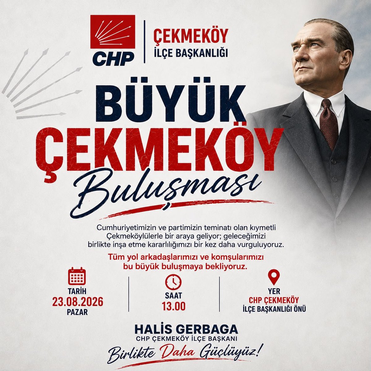 chphalisgerbaga's tweet photo. Çekmeköy’ümüz için, dayanışmamızı ve örgütlü gücümüzü büyütmek için bir araya geliyoruz.

Tüm yol arkadaşlarımızı ve komşularımızı bu büyük buluşmaya bekliyoruz.

📅 23 Ağustos Pazar
🕐 13.00
📍 CHP Çekmeköy İlçe Başkanlığı önü

CHP Çekmeköy ilçe başkanı Halis Gerbaga https://t.co/oZbnevOvEw