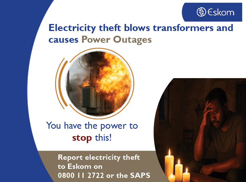 Eskom_SA's tweet photo. Electricity theft results in unnecessary power outages as transformers blow, leaving communities in the dark, with negative impact on safety. You have the power to stop this.
#SaveYourTransformer #ReportElectricityTheft #ReportIllegalConnections https://t.co/OxdqDmtPj0