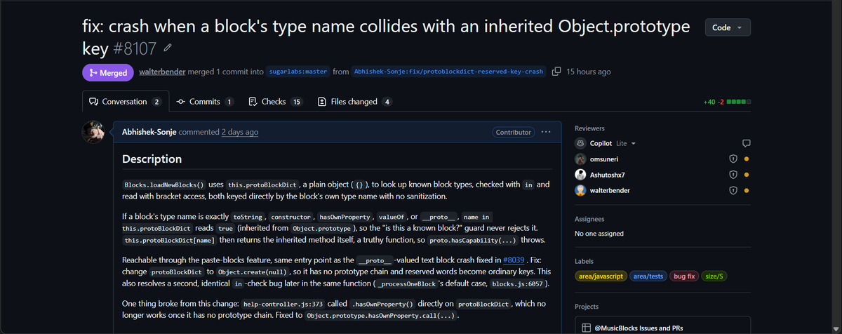 Abhi_SDev's tweet photo. Merged a PR in SugarLabs

Fixed bug where block names like __proto__ or toString threw TypeError crashes during validation. https://t.co/5MPrryF8gu