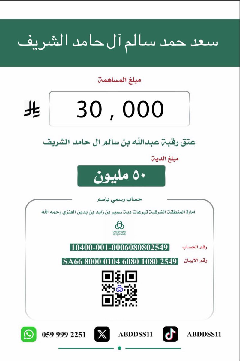 abddss11's tweet photo. مساهمة الاستاذ / سعد حمد آل حامد الشريف 
جعلها الله في موازين حسناته https://t.co/w39g0pn2A1