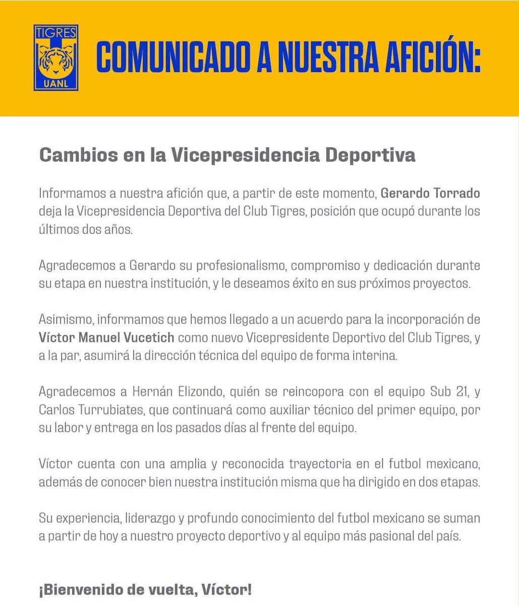 medranoazteca's tweet photo. LLEGA VUCE SE VA TORRADO
Vucetich será Vicepresidente y técnico interino de Tigres. https://t.co/6R1wY4XCKJ