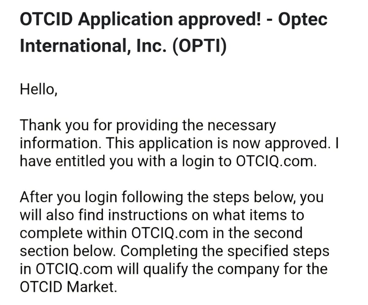 optec_int_inc's tweet photo. $OPTI HUGE STEP as next box checked as we continue the path to getting off EM. Will be working with attorneys &amp; accountant as we dissect mess that was left in fins reporting as well as evaluating assets &amp; liabilities. It is not just throwing zeroes for last 2.5 years &amp; posting... https://t.co/LCu7LIKWga