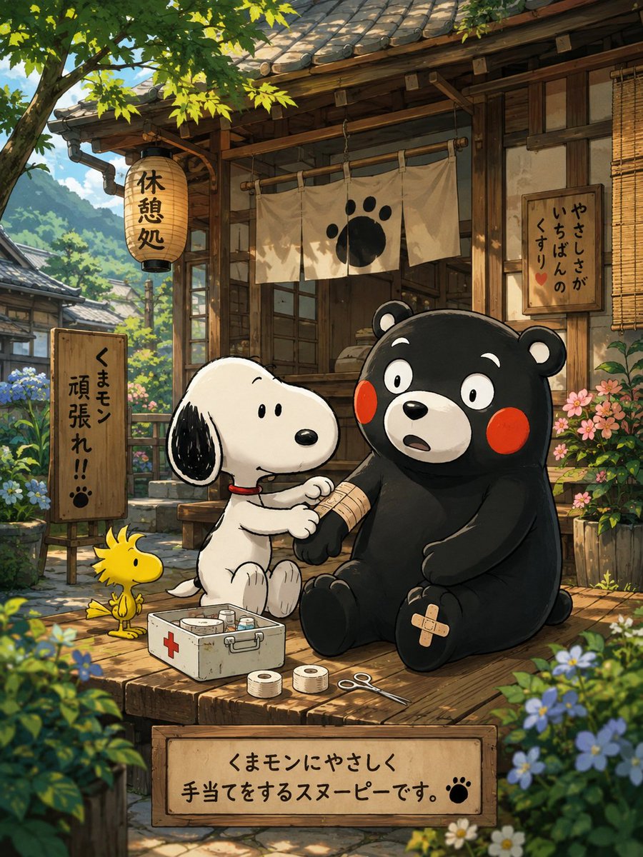 snoopyb047's tweet photo. くまモンにやさしく手当てをするスヌー

ピーです。 https://t.co/EQNSZ2LArZ