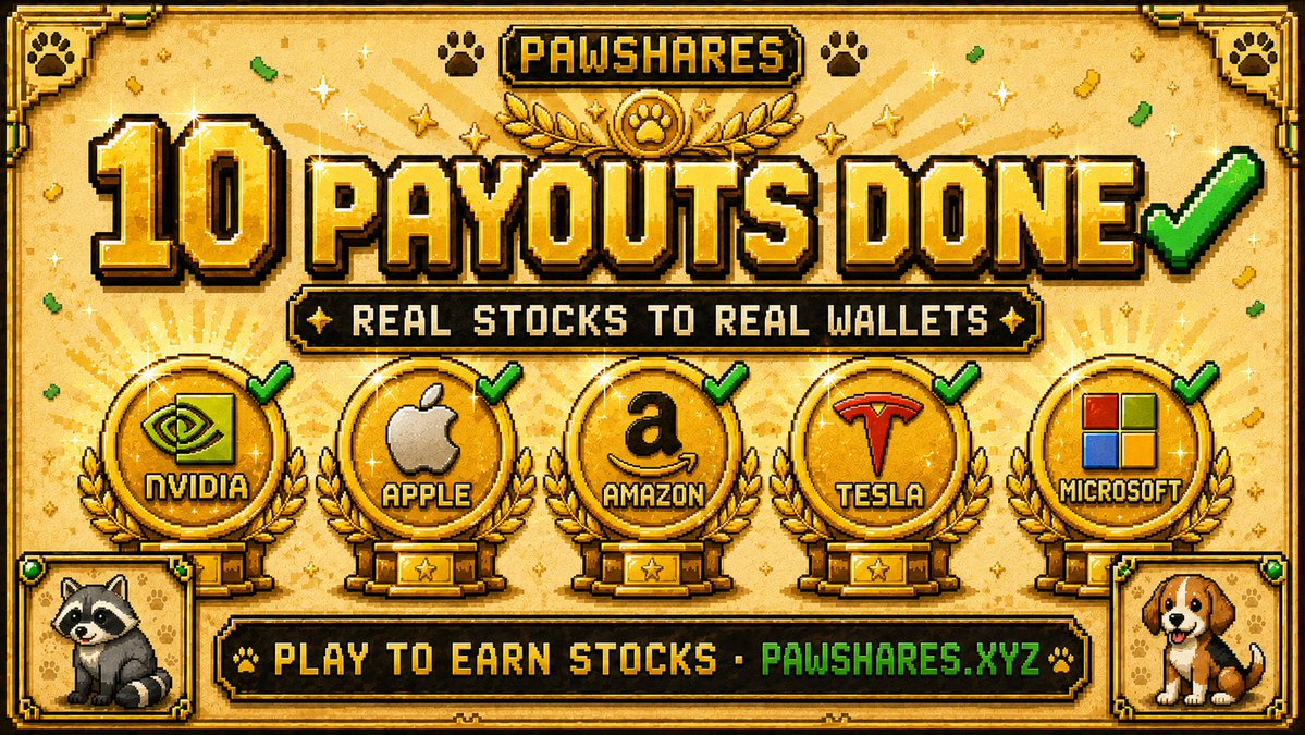 PawShares's tweet photo. 10 payouts sent. ✅

Ten players fed a pixel pet, stacked shares, and got real tokenized stock delivered to their wallet. NVDA, TSLA, AAPL, AMZN, MSFT - on BNB Chain, every transfer verifiable.

The loop is running.

https://t.co/JYnOk6U4M2 https://t.co/1xZhJcYaDU